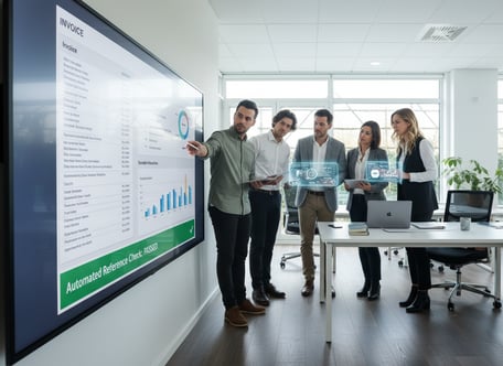 Finance professionals collaborating on automated invoice reference checking in a modern office.